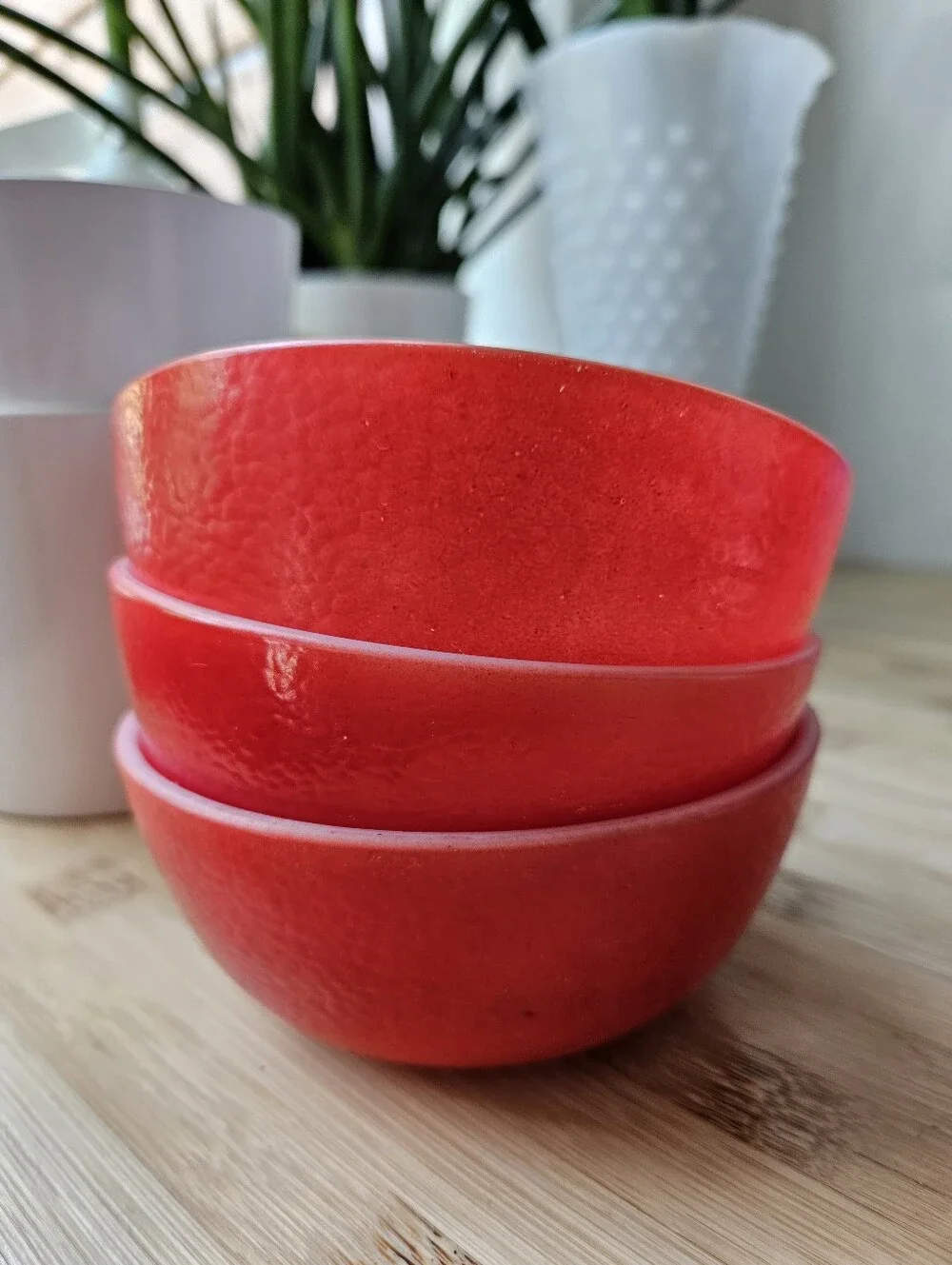 Hazel Atlas MCM Milk Glass Orange Peel Texture Red 4.8 in Cereal Bowl Set of 3